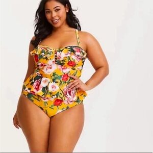 Torrid Wireless Lattice front Peplum one piece swimsuit in yellow floral